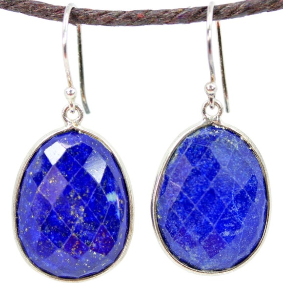Lapis Lazuli with Pyrite Specs Large Oval Earrings - Picture 1 of 2